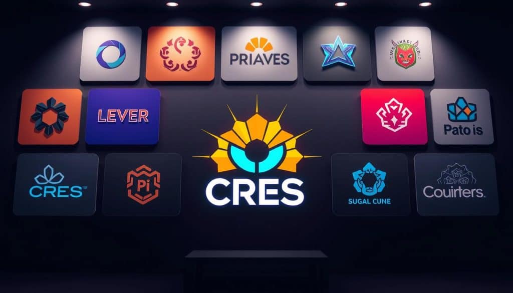 A dynamic display of 7 distinct logo designs, showcasing the versatility of UI branding. In the foreground, a radiant CRES logo stands out, its sleek geometric form exuding a sense of modern sophistication. Surrounding it, a vibrant array of logo concepts, each with a unique personality - minimalist, abstract, typographic, emblematic, and more. The composition is illuminated by soft, diffused lighting, creating depth and a sense of harmony. The overall atmosphere evokes a professional, yet visually captivating aesthetic, reflecting the expertise and creative prowess of the design team.
