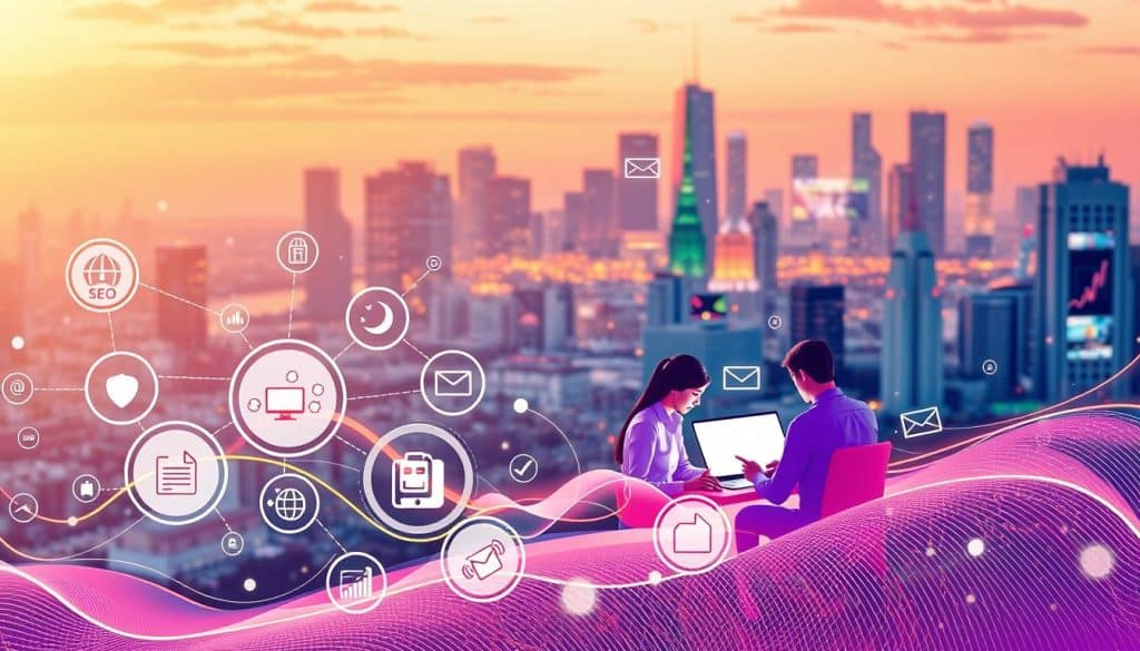 A dynamic, fluid illustration of the digital marketing process for CRES. In the foreground, a series of interconnected icons representing core strategies - SEO, social media, content creation, email marketing. In the middle ground, a team of digital marketers collaborating, laptops open, data visualizations floating around them. In the background, a cityscape with skyscrapers and digital displays, symbolizing the modern, tech-driven landscape. The scene is bathed in a warm, vibrant light, conveying a sense of energy and progress. The overall mood is one of efficiency, teamwork, and forward momentum - capturing the essence of CRES's strategic approach to driving growth through digital marketing.