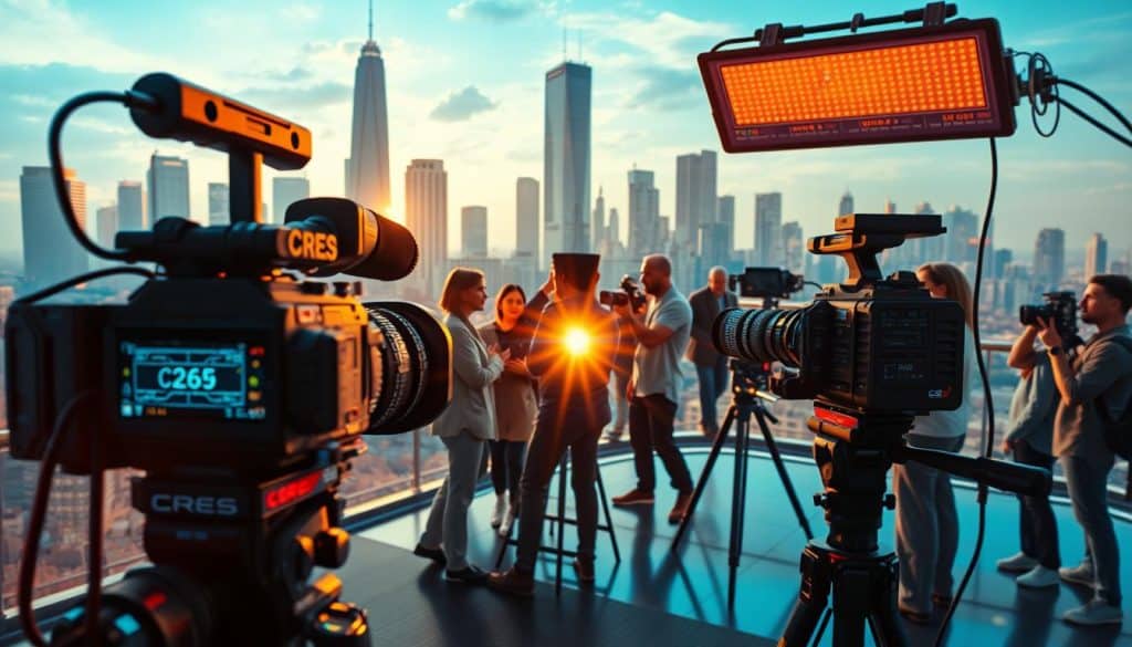 A dynamic, futuristic scene depicting the evolution of video content marketing. In the foreground, a CRES-branded video production setup with sleek, high-tech cameras and lighting equipment. In the middle ground, a diverse cast of actors and content creators collaborating on a video shoot, captured through an artistic lens flare. The background features a cityscape with towering skyscrapers, hinting at the global reach and scale of the video content marketing industry. The scene is illuminated by a warm, futuristic glow, conveying a sense of innovation and progress.