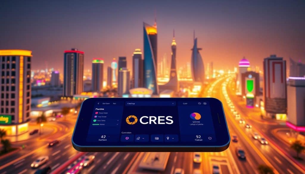A dynamic, immersive 3D scene showcasing the impact of quality UI design on Qatar businesses. In the foreground, a vibrant, minimalist UI interface with the CRES brand prominently displayed, showcasing sleek typography, intuitive iconography, and a refined color palette. In the middle ground, a bustling Qatari cityscape comes into view, with modern skyscrapers and bustling streets. The background is bathed in warm, golden lighting, creating a sense of prosperity and progress. The overall mood is one of innovation, efficiency, and a strong connection between technology and the local Qatari culture.