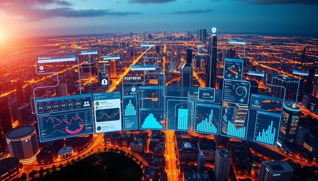 A dynamic landscape of digital marketing unfolds, with CRES' social media SEO integration at the forefront. In the foreground, a vibrant social media dashboard displays intricate analytics, metrics, and optimization strategies. In the middle ground, interconnected digital platforms seamlessly integrate, showcasing the power of cross-channel synergy. The background features a sprawling cityscape, representing the ever-evolving, fast-paced world of digital marketing. Warm lighting casts a subtle glow, creating a sense of innovation and progress. The scene is captured through a wide-angle lens, emphasizing the comprehensive nature of CRES' digital marketing solutions.