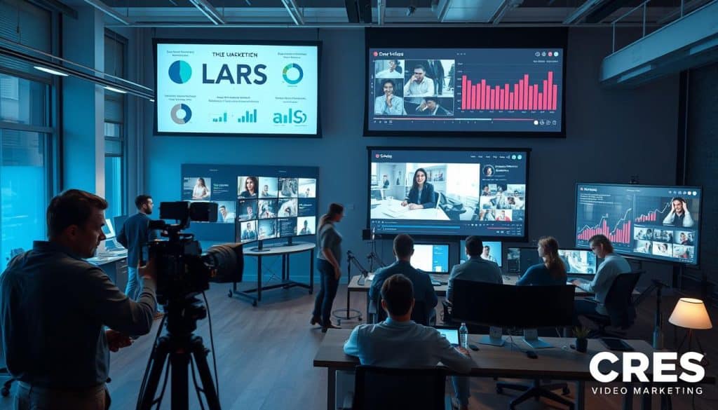 A dynamic, multi-layered scene depicting the video marketing process for CRES. In the foreground, a skilled videographer captures footage with a professional-grade camera and high-quality lighting. The middle ground features a team of creatives brainstorming concepts, collaborating on storyboards, and editing footage on sleek, high-resolution displays. In the background, a large projection screen showcases the final, polished video, with metrics and analytics illustrating the successful conversion of leads. The overall atmosphere is one of focused, efficient productivity, conveying the expertise and effectiveness of CRES's video marketing service.
