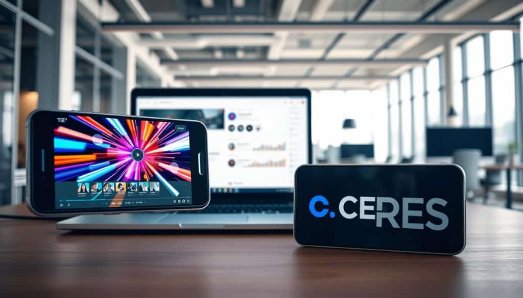 A dynamic social media video marketing scene featuring the CRES brand. In the foreground, a smartphone displays a vibrant, energetic video with motion graphics and eye-catching visuals. In the middle ground, a laptop showcases video editing software, while a social media dashboard highlights audience engagement metrics. The background depicts a sleek, modern office environment with minimalist decor and abundant natural lighting, creating a professional and productive atmosphere. The overall mood is one of innovation, creativity, and data-driven decision-making, reflecting the power of effective social media video marketing strategies.