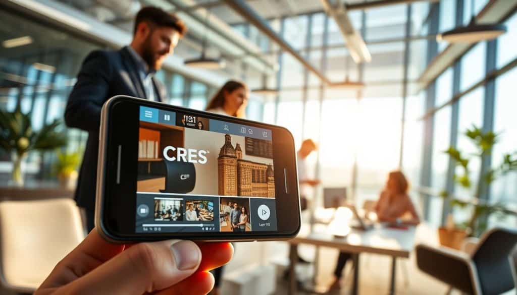A dynamic social media video marketing strategy featuring the CRES brand. In the foreground, a smartphone screen displays a captivating video with eye-catching graphics and engaging content. The middle ground showcases a team of digital marketing professionals collaborating, analyzing data, and strategizing. In the background, a sleek, modern office environment with large windows floods the scene with natural light, creating a vibrant, productive atmosphere. The overall composition conveys a sense of innovation, collaboration, and a deep understanding of effective social media video marketing tactics.
