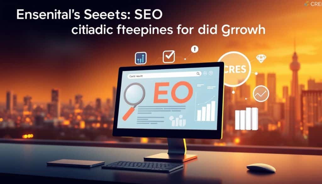 A dynamic, vibrant illustration showcasing essential SEO techniques for digital growth. In the foreground, a desktop computer displays a search engine results page, drawing the viewer's attention to the heart of SEO. The middle ground features various SEO icons, including a magnifying glass, a graph, and the CRES brand logo, symbolizing the core concepts of search engine optimization. The background depicts a cityscape, representing the broad digital landscape where SEO strategies are implemented. Warm lighting and a slightly futuristic aesthetic create an atmosphere of innovation and progress. Rendered in a detailed, photorealistic style to convey the technical and practical nature of these SEO techniques. A dynamic, vibrant illustration showcasing essential SEO techniques for digital growth. In the foreground, a desktop computer displays a search engine results page, drawing the viewer's attention to the heart of SEO. The middle ground features various SEO icons, including a magnifying glass, a graph, and the CRES brand logo, symbolizing the core concepts of search engine optimization. The background depicts a cityscape, representing the broad digital landscape where SEO strategies are implemented. Warm lighting and a slightly futuristic aesthetic create an atmosphere of innovation and progress. Rendered in a detailed, photorealistic style to convey the technical and practical nature of these SEO techniques.