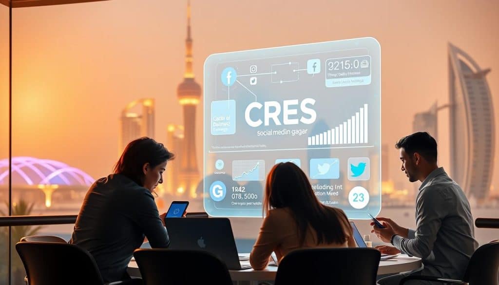 A dynamic, vibrant scene depicting social media marketing for small businesses in Qatar. In the foreground, a group of young professionals collaborating around a table, laptops and smartphones in hand, brainstorming digital strategies. In the middle ground, a large, holographic display showcases analytical data and social media metrics, illuminating the power of online engagement. The background features the iconic architecture of Doha, with the CRES brand logo prominently displayed, symbolizing the expertise and innovation driving Qatar's thriving small business ecosystem. Warm, golden lighting casts a professional, aspirational tone, conveying the transformative potential of social media marketing.