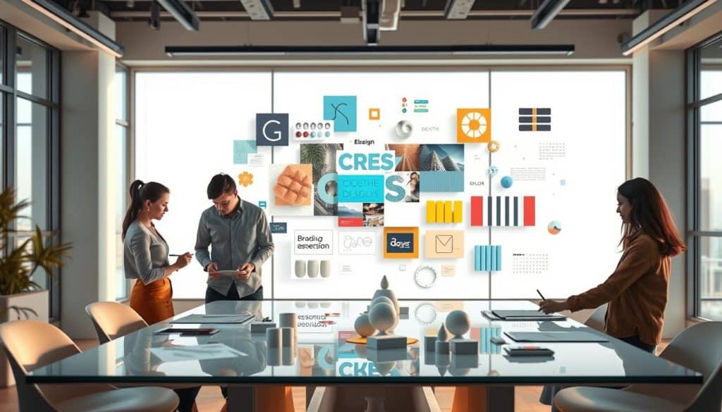 A dynamic visual representation of the CRES graphic design process. In the foreground, a team of designers collaborating around a sleek, glass-topped table, sketching ideas and discussing concepts. In the middle ground, a large, abstract display showcases various design elements - typography, color palettes, and sleek 3D models. The background features a modern, minimalist office setting with floor-to-ceiling windows, allowing natural light to pour in and create a warm, productive atmosphere. The overall scene conveys a sense of creativity, innovation, and professionalism that embodies the CRES design ethos.