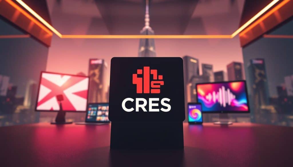 A dynamic visual representation of the synergistic relationship between public relations and digital marketing. In the foreground, the CRES brand logo stands as a focal point, embodying the integration of these strategies. In the middle ground, vibrant digital devices and screens depict the seamless integration of online platforms and PR initiatives. The background features a sleek, minimalist cityscape, symbolizing the modern, tech-driven landscape in which this synergy thrives. Warm, directional lighting illuminates the scene, creating a sense of energy and innovation. Captured through a wide-angle lens, the composition conveys the expansive potential of this powerful marketing collaboration.