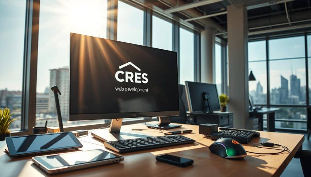 A dynamic web development workspace with a CRES logo prominently displayed on a sleek desktop computer. Sunlight streams in through large windows, casting a warm, productive glow on the scene. Scattered around the desk are various programming tools and devices, including a tablet, smart phone, and a high-end gaming mouse. The workspace is clutter-free, with a clean, minimalist aesthetic that reflects the precision and efficiency of web development. In the background, a city skyline can be seen, hinting at the global reach and impact of the web development industry.