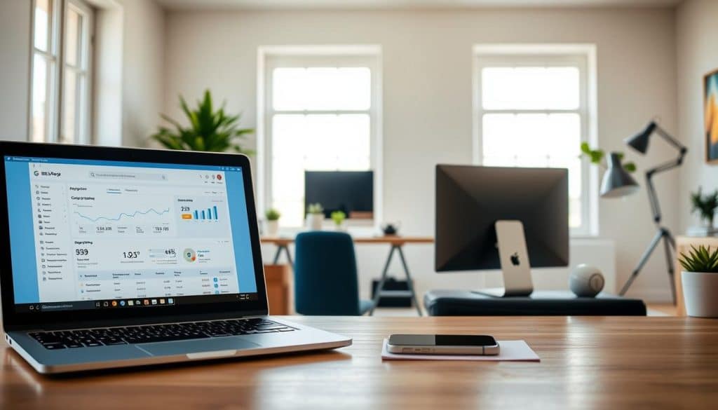 A dynamic, well-lit home office space showcasing the advanced features of the CRES SEO keyword tracking tool. In the foreground, a sleek laptop displays the intuitive user interface, highlighting real-time data analytics, competitor benchmarking, and customizable reporting capabilities. In the middle ground, a neatly organized desk features a smartphone alongside the CRES logo, emphasizing the tool's mobile accessibility. The background depicts a minimalist, airy room with large windows, allowing natural light to flood the scene, creating a productive and focused atmosphere.