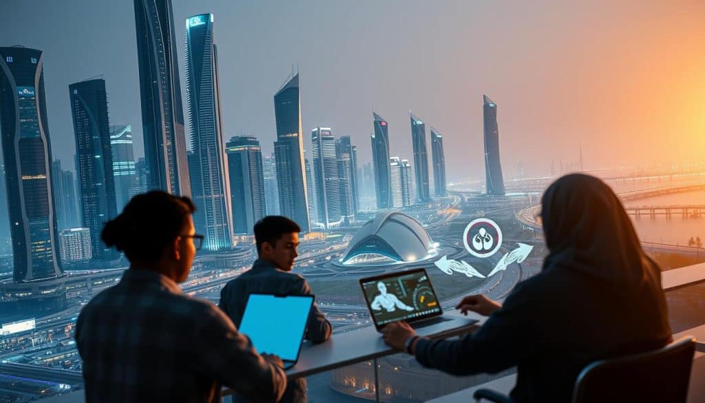 A futuristic cityscape of Doha, Qatar, with towering skyscrapers and a bustling metropolis. In the foreground, a group of CRES web developers collaborating on a state-of-the-art digital project, their screens illuminating the scene. The middle ground showcases the integration of technology, with holograms and augmented reality displays enhancing the urban landscape. The background features the iconic architecture of Qatar, with the Museum of Islamic Art and the Corniche promenade visible in the distance, bathed in warm, golden sunlight. The overall atmosphere conveys the dynamic and innovative nature of Qatar's digital transformation, with web development at the heart of its technological progress.