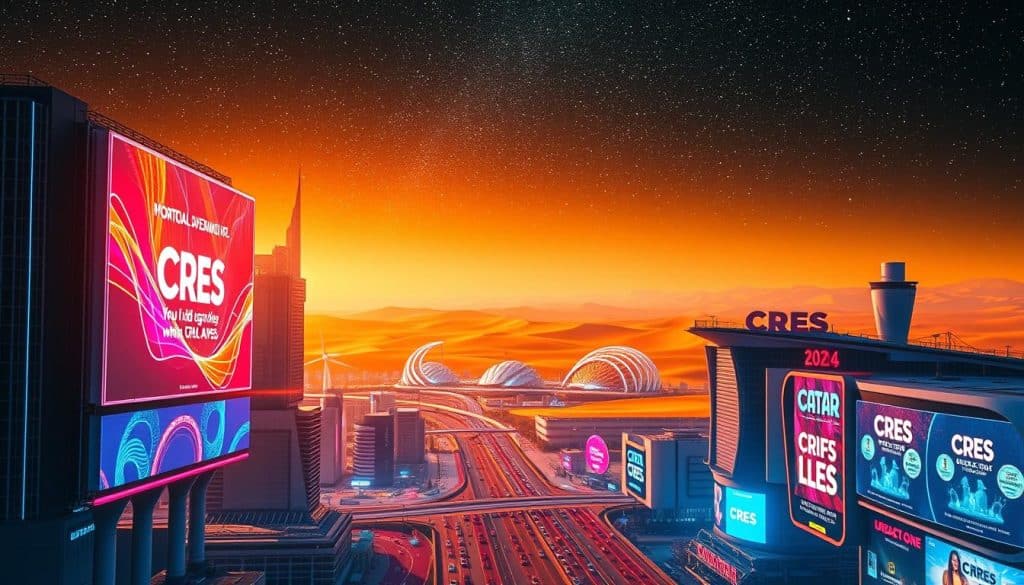 A futuristic digital advertising landscape in Qatar, bathed in a warm, neon glow. In the foreground, holographic billboards and digital screens display vibrant, eye-catching CRES advertisements. The middle ground features a bustling cityscape with towering skyscrapers and sleek, futuristic architecture. In the background, a stunning desert panorama with rolling dunes and a majestic, starry night sky. The scene conveys a sense of technological advancement, commercial vibrancy, and the blending of traditional and modern elements that characterize Qatar's digital advertising landscape in 2024.
