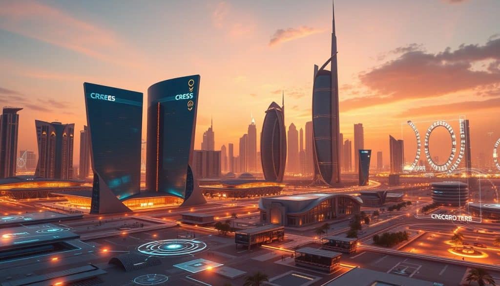 A futuristic digital landscape in Qatar, featuring sleek, geometric CRES buildings against a backdrop of towering skyscrapers and a vibrant, neon-lit skyline. The scene is bathed in a warm, golden glow, creating a sense of prosperity and technological advancement. In the foreground, holographic displays and floating data interfaces hint at the cutting-edge innovation that drives Qatar's digital transformation. The image is captured with a wide-angle lens, emphasizing the scale and scope of the evolving digital environment. The overall mood is one of dynamism, progress, and a vision for a digitally-empowered future.