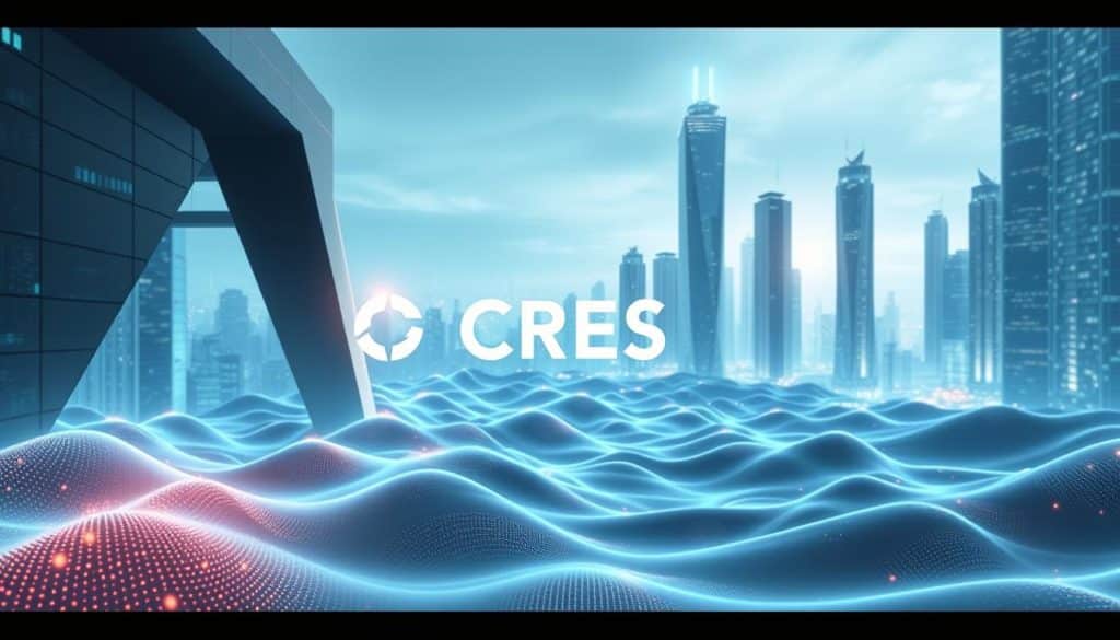 A futuristic digital landscape, where sleek architectural forms and holographic displays blend seamlessly. In the foreground, the CRES logo hovers, casting a warm glow over the scene. In the middle ground, undulating hills of data streams and glowing nodes create a sense of depth and technology. The background is a panoramic vista of towering skyscrapers, their facades adorned with intricate patterns of light. The lighting is a cool, ambient hue, as if illuminated by the glow of countless screens. The camera angle is slightly elevated, providing an immersive, bird's-eye view of this cutting-edge digital design world.