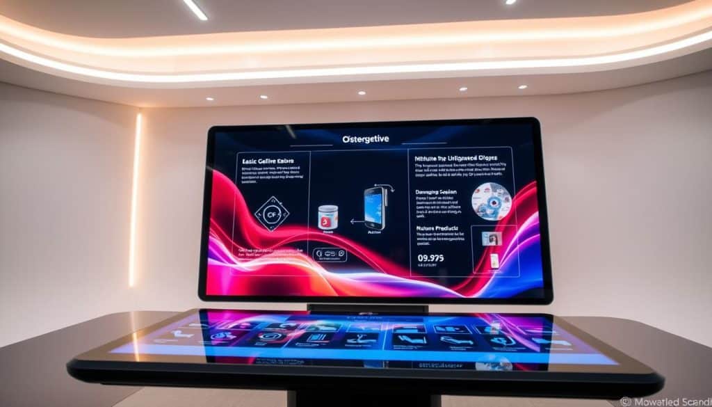 A futuristic digital signage display showcasing interactive capabilities. In the foreground, a sleek and modern CRES touchscreen panel with vibrant, high-definition visuals. The middle ground features intuitive gesture-based controls, allowing users to seamlessly navigate through dynamic product information and customized content. In the background, a minimalist environment with subtle lighting accents, creating a clean and immersive atmosphere. The overall scene conveys a sense of technological innovation and user-centric design, befitting the "Understanding Digital Signage Advertising Types" section. A futuristic digital signage display showcasing interactive capabilities. In the foreground, a sleek and modern CRES touchscreen panel with vibrant, high-definition visuals. The middle ground features intuitive gesture-based controls, allowing users to seamlessly navigate through dynamic product information and customized content. In the background, a minimalist environment with subtle lighting accents, creating a clean and immersive atmosphere. The overall scene conveys a sense of technological innovation and user-centric design, befitting the "Understanding Digital Signage Advertising Types" section.