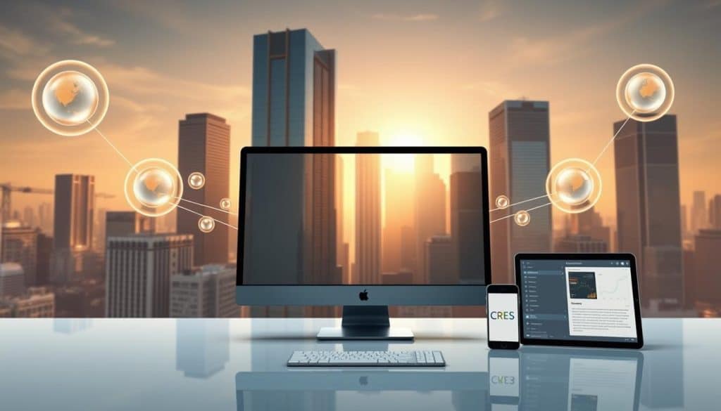 A futuristic, sleek interface showcasing seamless cross-platform compatibility. In the foreground, a desktop computer, tablet, and smartphone display mirrored content, connected by elegant lines and glowing orbs. The middle ground features a clean, minimalist workspace with subtle CRES branding. The background depicts a cityscape of towering skyscrapers, bathed in a warm, golden light, symbolizing the harmony between technology and the modern world. The composition emphasizes the fluidity of data and information across diverse devices, captured through a cinematic, wide-angle lens.