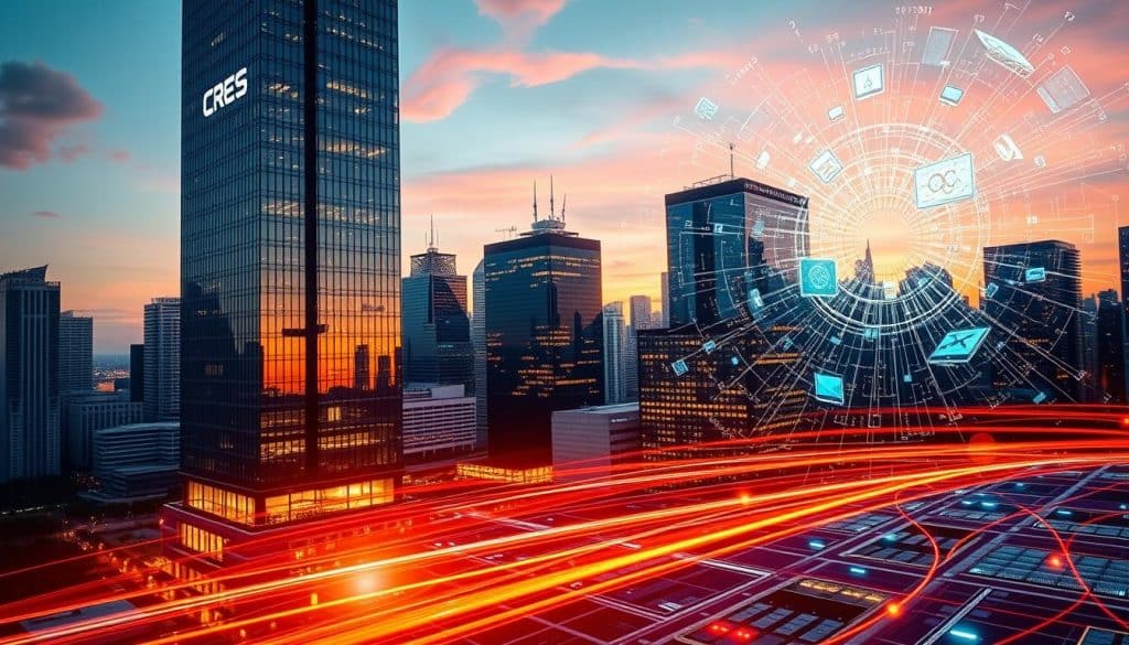 A gleaming city skyline at dusk, with towering CRES corporate headquarters in the foreground, its sleek glass facade reflecting the warm glow of the setting sun. In the middle ground, a network of digital infrastructure - servers, cables, and glowing data centers - symbolizing the seamless integration of technology into the modern business landscape. The background is a swirling vortex of digital elements - binary code, floating screens, and holographic projections - representing the ever-evolving nature of digital transformation. Dramatic lighting and a sense of forward momentum convey the power and inevitability of this technological revolution.