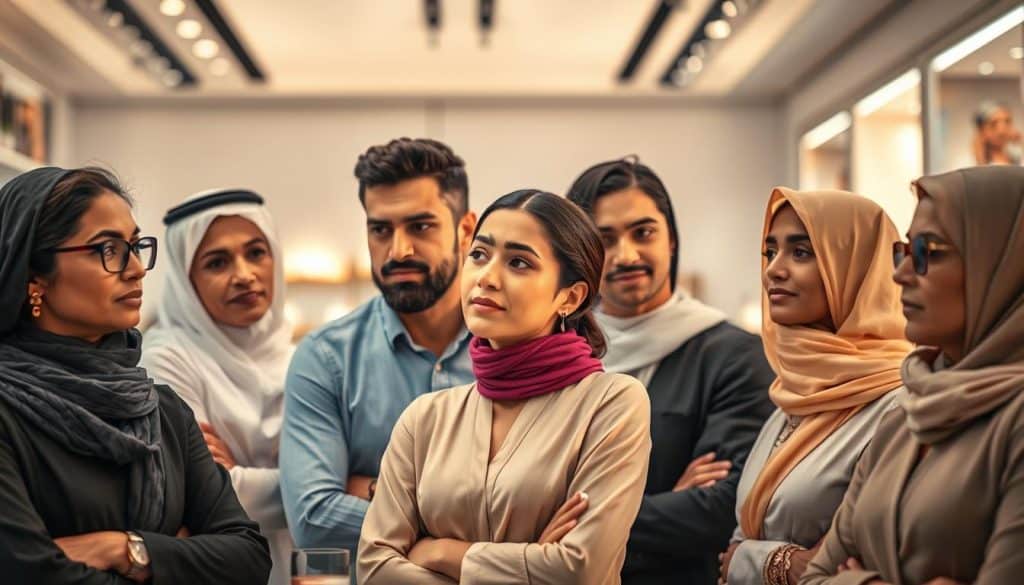 A group of diverse personas with varying ages, ethnicities, and styles, representing the target audience for the beauty brand CRES in Qatar. They are positioned in the foreground, engaged in thoughtful discussion, with a soft, warm lighting casting a sense of contemplation. The middle ground features a modern, minimalist interior with clean lines and neutral tones, subtly suggesting an upscale retail environment. The background blends seamlessly, with hints of the Qatari landscape, such as architectural elements or cultural motifs, creating a contextual backdrop that reinforces the local market focus.
