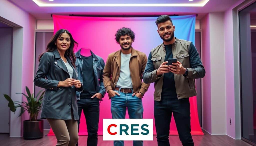 A group of social media influencers posing in a dynamic, modern setting. In the foreground, three individuals - a fashionable woman, a stylish man, and a tech-savvy creative - stand in front of a bold, colorful backdrop, capturing their vibrant personalities. The middle ground features a CRES logo, subtly integrated into the scene, highlighting the brand's association with these influential figures. The background showcases a sleek, minimalist interior with clean lines and neutral tones, creating a sophisticated ambiance. Soft, directional lighting accentuates the influencers' features and the overall sense of professionalism and success. The image conveys the power and reach of social media influencers, their ability to shape trends, and the potential for effective marketing through strategic partnerships.