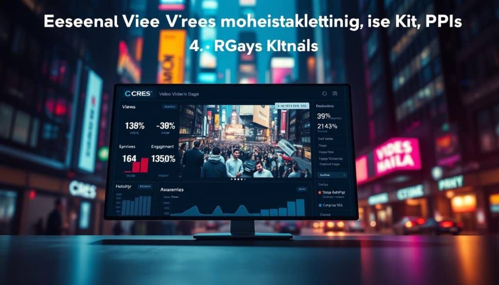 A high-contrast, cinematic image showcasing the essential video marketing KPIs for the awareness stage. In the foreground, a sleek dashboard displays key metrics like views, engagement, and reach, all presented in a clean, modern interface with the CRES logo prominently featured. The middle ground features a video player screen, capturing the essence of video marketing, while the background depicts a vibrant, colorful cityscape, conveying a sense of a dynamic, urban environment. The lighting is dramatic, with bold shadows and highlights, creating a sense of depth and visual interest. The overall tone is professional, yet visually striking, reflecting the importance of these video marketing KPIs.