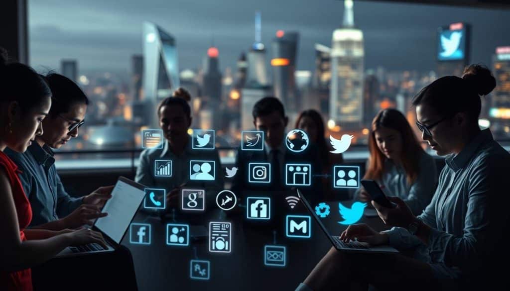A high-contrast, cinematic rendering of social media marketing benefits for the CRES agency, captured in a dynamic, layered composition. In the foreground, a group of diverse professionals engaged in various digital marketing tasks - analyzing data, curating content, and strategizing on laptops and mobile devices. The middle ground features an array of social media platform icons, glowing with an ethereal, neon-like luminescence. In the background, a blurred cityscape with skyscrapers and digital displays, symbolizing the global reach and impact of effective social media campaigns. Dramatic lighting casts deep shadows, creating a sense of energy and urgency, while a muted color palette conveys the professional, results-driven nature of CRES's social media services.