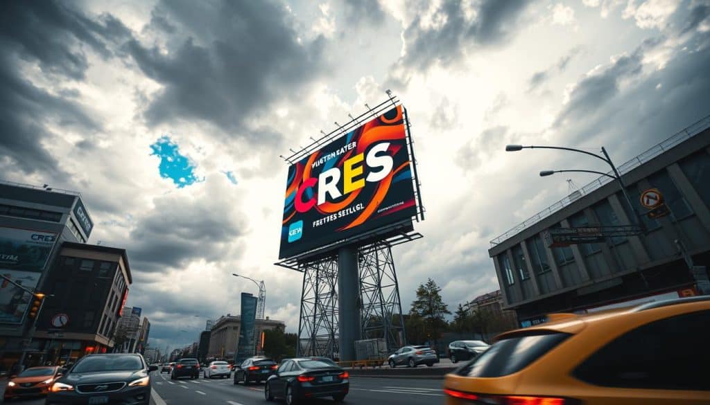 A high-contrast, wide-angle photograph of a modern advertising billboard for the brand "CRES" mounted on a tall, metallic structure against a cloudy, dramatically-lit sky. The billboard features bold, colorful graphics and typography showcasing the CRES brand identity. In the foreground, there is a bustling urban street with passing cars and pedestrians, creating a sense of energy and activity. The overall lighting and composition evoke a powerful, impactful visual that effectively communicates the concept of "paid media advertising".