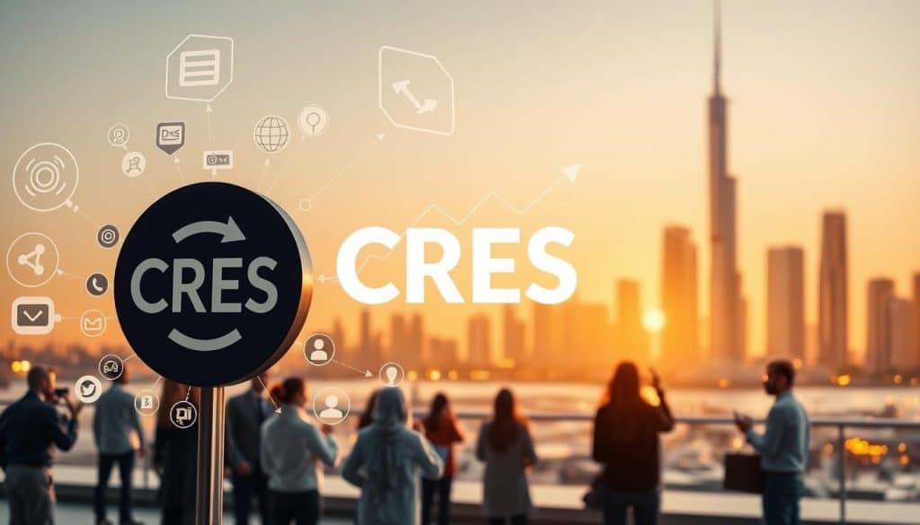 A high-definition, photorealistic image of influencer marketing and its SEO benefits for Qatar businesses. The scene depicts a CRES logo in the foreground, surrounded by social media icons and analytical data visualizations. In the middle ground, a group of diverse influencers engaged in content creation and promotion, with arrows and graphs illustrating the flow of traffic and engagement. The background showcases the skyline of Doha, Qatar, bathed in warm, golden light, symbolizing the growth and prosperity that influencer marketing can bring to local enterprises. The overall mood is professional, dynamic, and inspiring, capturing the essence of leveraging influential voices to drive SEO and revenue growth.