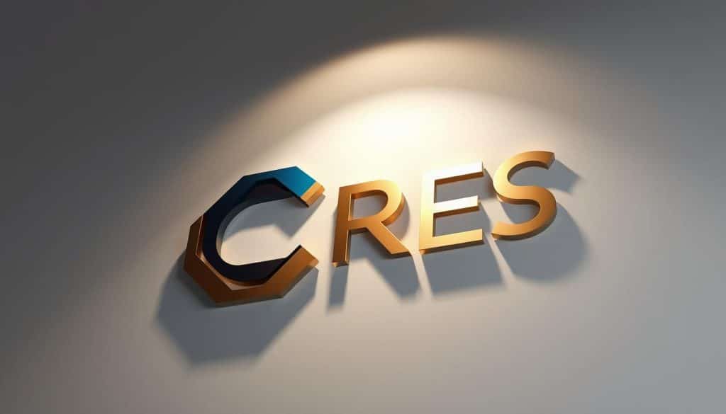 A high-end, modern logo design for a Qatari business called CRES. The logo features a stylized letter "C" in a sleek, geometric shape, with the letter "R" seamlessly integrated into the design. The color palette is a sophisticated blend of Qatari-inspired hues, such as deep blues, golds, and subtle tones of desert sand. The image is rendered in a three-dimensional, metallic-like finish, creating a sense of depth and premium quality. The lighting is dramatic, with a directional light source casting subtle shadows to accentuate the logo's dimensional aspects. The overall composition is balanced, with the logo design taking center stage against a clean, minimalist background.