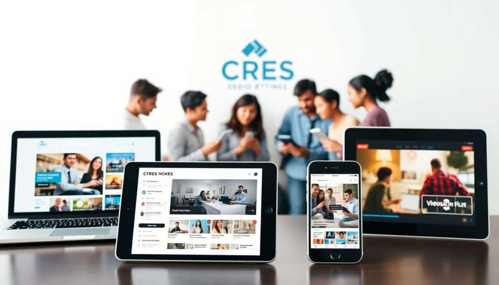 A high-quality, detailed image depicting the various types of paid media advertising, showcased against a clean, professional backdrop. In the foreground, a collection of digital devices - a laptop, tablet, and smartphone - displaying different paid media ad formats, such as search ads, display ads, social media ads, and video ads. In the middle ground, a group of diverse people interacting with the digital devices, representing the target audience for these ads. In the background, a stylized CRES logo, adding a subtle branding element to the scene. The overall lighting is soft and warm, creating a pleasant, inviting atmosphere. The composition is well-balanced, with a clear emphasis on the key paid media advertising types.
