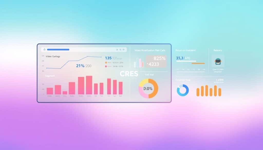 A high-quality, digital illustration depicting a vibrant data visualization dashboard showcasing key video marketing performance metrics. The foreground features a sleek, minimalist display with bold charts, graphs, and statistics highlighting metrics such as video views, engagement rates, conversion rates, and return on investment. The middle ground includes the CRES brand logo subtly integrated into the design. The background is a soft, blurred gradient in a cool, calming color palette, creating a sophisticated and professional atmosphere.