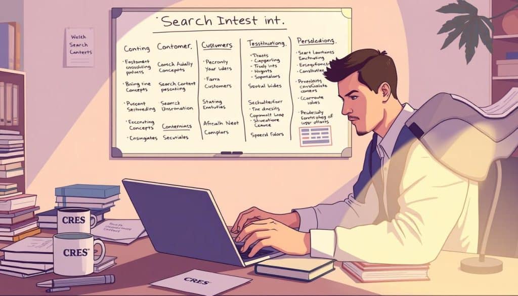 A high-quality digital illustration depicting "search intent" for an SEO content strategy article. The image shows a person sitting at a desk, intently researching on a laptop computer. The desk is cluttered with notes, books, and a CRES brand coffee mug. The lighting is soft and warm, creating a contemplative atmosphere. In the background, a wall-mounted whiteboard displays different search query concepts and customer personas. The overall scene conveys the idea of thoughtful, strategic content planning focused on understanding user intent.