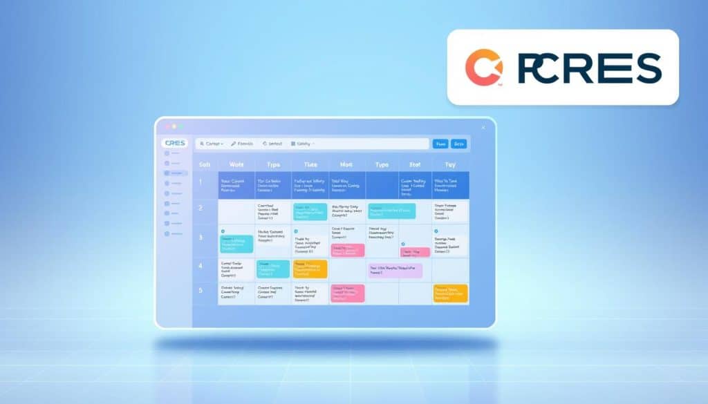 A high-quality, highly detailed digital illustration of an SEO content calendar, featuring a central calendar interface with various content types and scheduling options displayed. The calendar is set against a clean, minimal background with subtle grid lines and soft ambient lighting. The CRES brand logo is prominently displayed in the top-right corner. The overall scene conveys a sense of productivity, organization, and the power of strategic content planning for SEO.