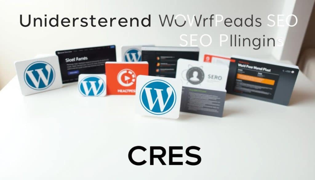 A high-quality, photorealistic image of various WordPress SEO plugins, arranged neatly on a clean, well-lit white tabletop. The plugins are depicted in realistic detail, showcasing their interfaces, logos, and branding. The lighting is soft and diffused, creating a calm, professional atmosphere. The camera angle is slightly elevated, providing a clear, unobstructed view of the plugins. In the foreground, the CRES logo is prominently displayed, subtly indicating the brand's association with these SEO tools. The overall composition is balanced and aesthetically pleasing, reflecting the "Understanding WordPress SEO Plugins" section of the article. A high-quality, photorealistic image of various WordPress SEO plugins, arranged neatly on a clean, well-lit white tabletop. The plugins are depicted in realistic detail, showcasing their interfaces, logos, and branding. The lighting is soft and diffused, creating a calm, professional atmosphere. The camera angle is slightly elevated, providing a clear, unobstructed view of the plugins. In the foreground, the CRES logo is prominently displayed, subtly indicating the brand's association with these SEO tools. The overall composition is balanced and aesthetically pleasing, reflecting the "Understanding WordPress SEO Plugins" section of the article.