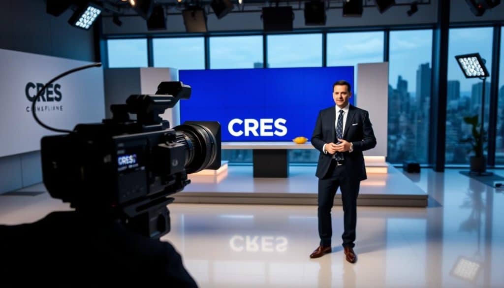 A high-quality studio video shoot of a "brand video" for the company CRES. In the foreground, a professional camera operator captures dynamic footage of a spokesperson delivering a compelling brand message. The middle ground features a sleek, modern set design with minimalist branding elements and subtle lighting accents. In the background, a large window offers a picturesque cityscape view, creating a sense of scale and visual interest. The overall mood is polished, cinematic, and conveys the authority and trustworthiness of the CRES brand. The camera angle is angled slightly upward to project an aspirational, elevated quality.