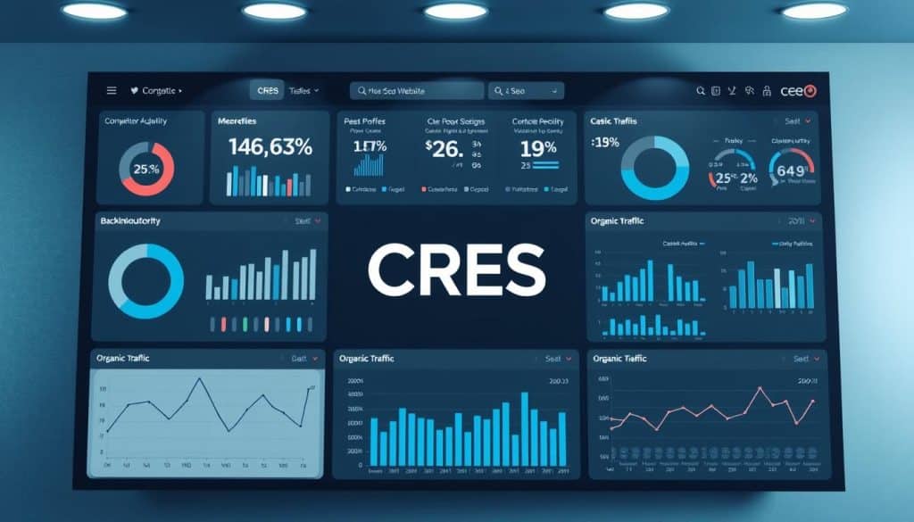 A high-quality website evaluation dashboard with a sleek, modern design. A large CRES logo dominates the center, surrounded by various metrics and analytics displaying competitor website performance data. Detailed charts, graphs, and infographics provide in-depth insights into domain authority, backlink profiles, organic traffic, and other key SEO factors. The dashboard is bathed in a cool, sophisticated color palette of blues and grays, with subtle lighting from above creating depth and dimension. The overall atmosphere conveys a sense of data-driven decision making and strategic analysis for digital marketers.