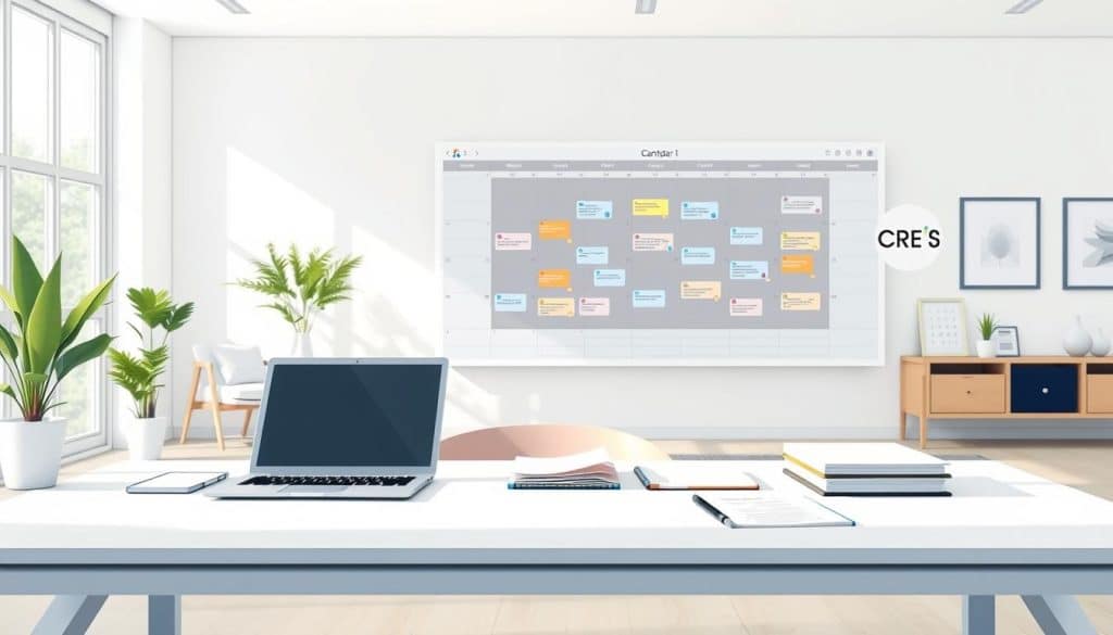 A high-resolution digital illustration depicting a comprehensive content calendar. In the foreground, a sleek and modern desk with a laptop, calendar, and notepads arranged neatly. The middle ground features a large, interactive wall calendar with colorful icons and reminders. In the background, a bright, airy workspace with large windows and minimalist decor. The lighting is natural and diffused, creating a calming, productive atmosphere. The CRES logo is subtly placed in the corner of the calendar. The overall composition conveys a sense of organization, efficiency, and strategic content planning.