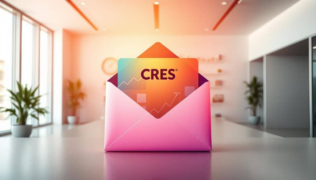 A high-resolution image of an email marketing campaign concept, showcasing the CRES brand. In the foreground, a stylized email envelope takes center stage, with a vibrant, gradient-filled background. The envelope features the CRES logo prominently displayed, conveying a sense of professionalism and authority. In the middle ground, a collage of various email marketing elements, such as graphs, charts, and call-to-action buttons, adds depth and visual interest. The background depicts a sleek, minimalist office setting, with clean lines and neutral tones, creating a sophisticated and modern atmosphere. Warm, directional lighting casts a soft glow, adding depth and dimensionality to the scene. The overall mood is one of efficiency, productivity, and the power of data-driven email marketing strategies.
