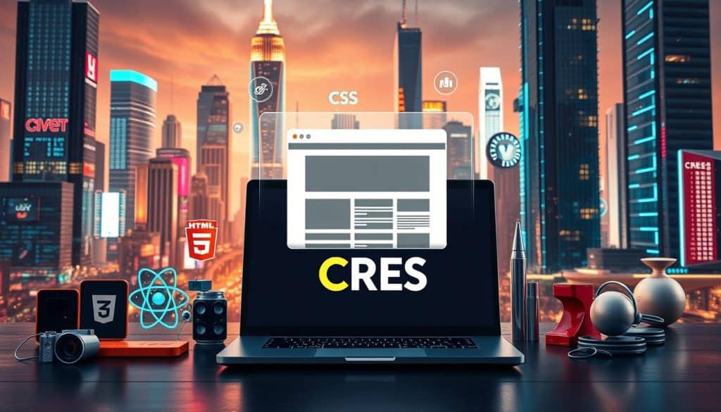 A high-resolution, photorealistic render of a web development tech stack arranged in a visually striking composition. In the foreground, a sleek laptop displaying the CRES logo, surrounded by an array of modern web development tools and technologies such as HTML, CSS, JavaScript, React, Node.js, and Git. In the middle ground, a floating holographic display showcases a responsive web page, highlighting the seamless integration of these elements. The background features a futuristic cityscape with towering skyscrapers, glowing neon lights, and a vibrant, dynamic atmosphere, conveying the cutting-edge nature of web development. The scene is illuminated by a warm, soft lighting, creating a sense of depth and emphasizing the technical details. The overall composition is visually striking, conveying the power and potential of the web development tech stack.
