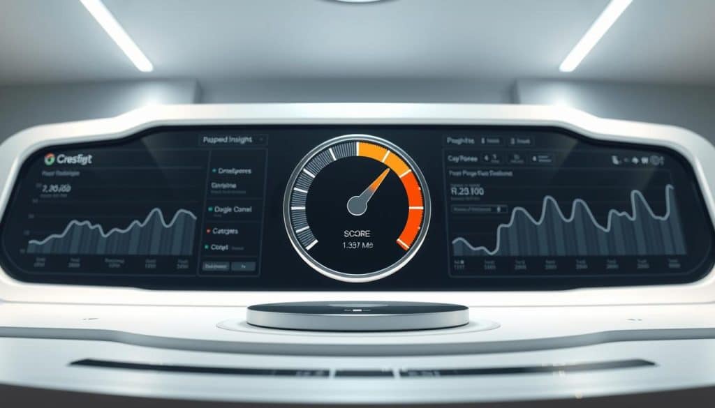 A high-resolution, ultra-detailed, three-dimensional illustration of the PageSpeed Insights score displayed on a sleek, futuristic dashboard. The score is prominently featured in the center, surrounded by a clean, minimalist interface with CRES branding. The lighting is soft and directional, creating depth and highlighting the metallic accents. The camera angle is slightly elevated, giving a sense of authority and importance to the score. The overall mood is one of professionalism, precision, and technological sophistication.