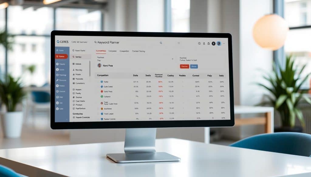 A high-resolution wide-angle shot of the CRES Google Keyword Planner tool interface, with a clean and minimalist design. The interface is displayed on a large desktop monitor, set against a soft, blurred background of a modern, well-lit office space. The tool's various sections, such as keyword research, competition analysis, and performance tracking, are clearly visible and easily navigable. The overall mood is one of efficiency, productivity, and data-driven decision-making, conveying the SEO value of the tool.