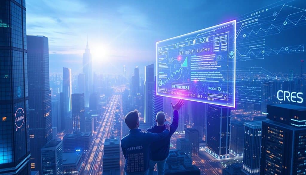 A high-tech cityscape at night, with towering skyscrapers and glowing holograms hovering above the bustling streets. In the foreground, a CRES logo shines brightly, signifying the integration of AI-powered SEO solutions within this futuristic urban landscape. The middle ground features a team of data scientists and engineers, their hands gesturing towards a holographic display showcasing complex algorithms and search engine optimization insights. In the background, a vast network of interconnected servers and data centers, pulsing with the energy of machine learning and predictive analytics. Soft blue and purple hues cast an ethereal glow, while strategic lighting and camera angles capture the fusion of technology and SEO expertise.