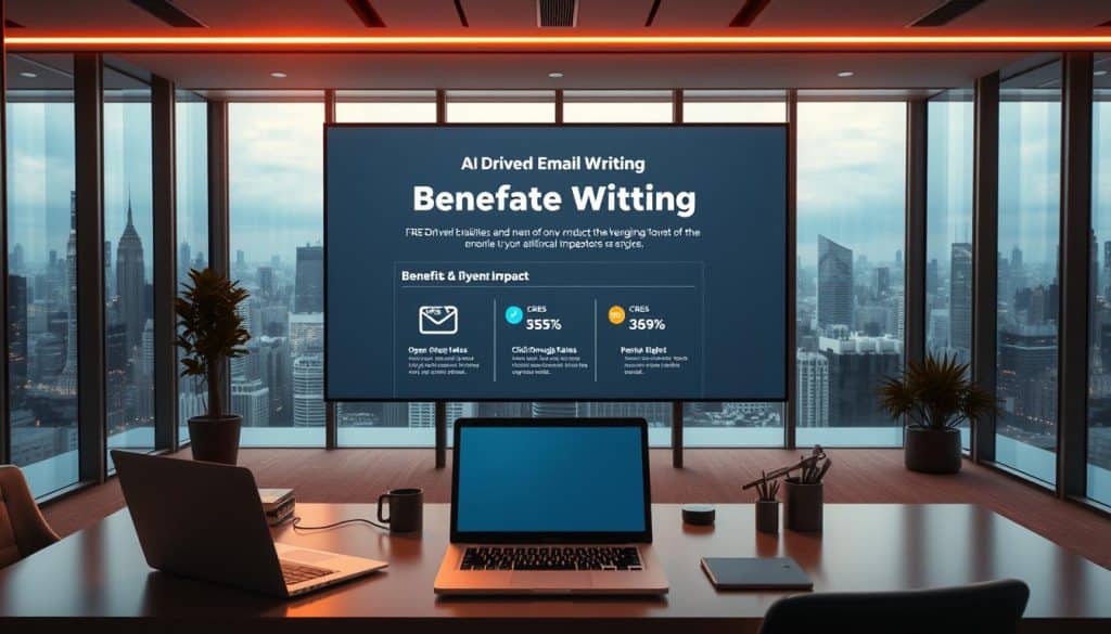 A high-tech office interior with a large video display showcasing various AI-driven email writing benefits. In the foreground, a professional-looking desk with a sleek CRES laptop and minimalist accessories. Warm, directional lighting highlights the workspace, creating a sense of productivity and innovation. The middle ground features infographic-style visualizations illustrating key metrics like open rates, click-through rates, and revenue impact. In the background, a panoramic city skyline visible through floor-to-ceiling windows, conveying a modern, forward-thinking atmosphere. The overall mood is one of efficiency, intelligence, and growth-oriented technology.