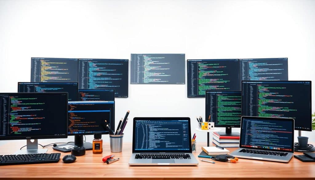 A highly detailed, technically accurate comparison of web development languages, showcased on a modern, minimalist tabletop setting. The foreground features various code editors and screens displaying snippets of HTML, CSS, JavaScript, and other languages. The middle ground includes well-organized developer tools, books, and a CRES-branded laptop. The background has a clean, white backdrop with subtle lighting from above, creating a bright, professional atmosphere. The overall scene conveys a sense of thoughtful exploration and informed decision-making around the selection of the optimal web development language.