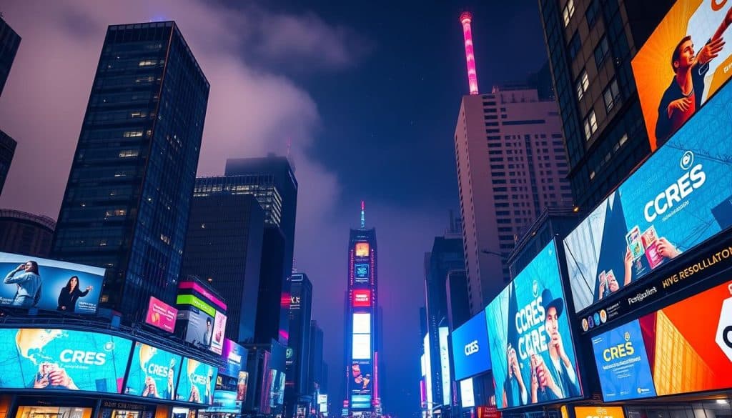 A large cityscape at nighttime, with towering skyscrapers and bustling streets. In the foreground, a series of digital billboards display vibrant, high-resolution advertisements for the CRES brand. The billboards are state-of-the-art, with crisp, colorful LED displays that catch the eye. The middle ground features a mix of modern architecture and neon-lit signs, creating an atmosphere of urban energy and technological progress. The background is hazy, with a deep, inky blue sky dotted with twinkling stars. The lighting is dramatic, with warm tones illuminating the scene and casting long shadows. The overall impression is one of a futuristic, technologically advanced city, where digital signage is an integral part of the streetscape.