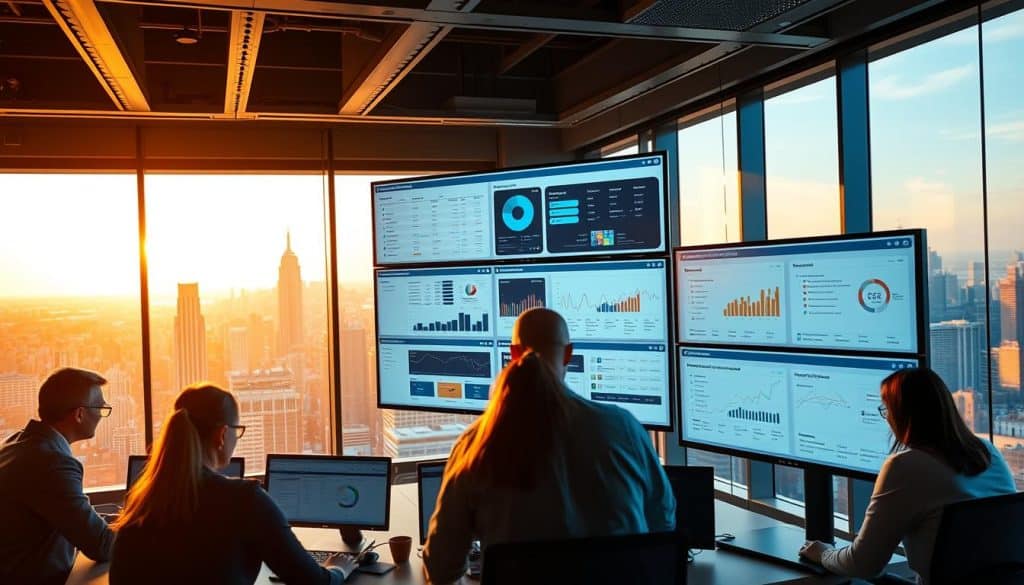 A large enterprise web application interface, displayed on multiple monitors in a modern office setting. The application showcases various modules and dashboards, with the CRES brand prominently featured. The foreground depicts a group of professionals collaborating and interacting with the application, while the background showcases a panoramic view of a bustling city skyline, bathed in warm, golden lighting. The scene conveys a sense of productivity, innovation, and the power of enterprise-level web solutions to drive business growth.