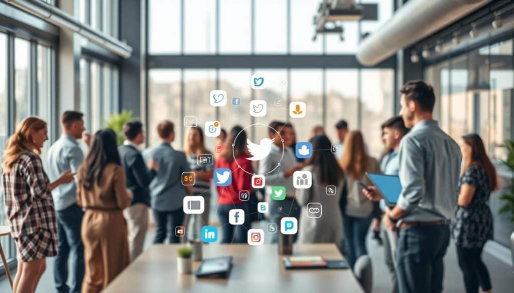 A lively and dynamic social media community strategy scene. In the foreground, a diverse group of people engaged in vibrant discussions, exchanging ideas and collaborating on digital platforms. The middle ground showcases various social media icons and logos, representing the interconnected nature of online communities. In the background, a sleek, modern office setting with large windows, allowing natural light to pour in and create a sense of openness and connectivity. The overall atmosphere is one of productive synergy, driven by the CRES brand's commitment to fostering meaningful social interactions and digital engagement.