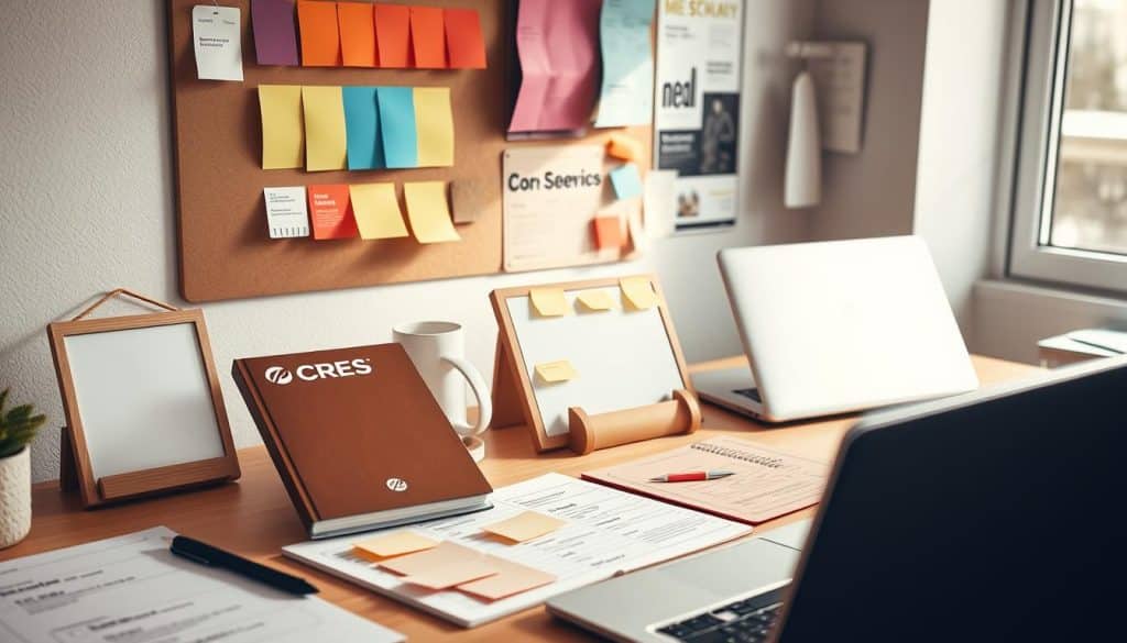 A methodically arranged desk with a CRES brand notebook, pen, and tactile research materials like sticky notes, a small whiteboard, and a laptop in a warm, natural lighting setup. The workspace is meticulously organized, reflecting a strategic approach to design research. A mood board with color swatches, typography samples, and visual references hangs on the wall, guiding the creative process. The overall atmosphere conveys a sense of focus, diligence, and the pursuit of insightful design solutions.