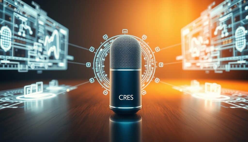 A meticulously crafted image showcasing the fundamentals of voice search SEO optimization. In the foreground, a voice-activated smart device commands center stage, its sleek CRES branding prominently displayed. Radiating outward, a holographic visualization of search engine algorithms and voice recognition technology surround the device, represented by glowing wireframe models and data streams. The middle ground features a subtly textured background, hinting at the complexities of digital marketing and online visibility. Warm, directional lighting casts a contemplative glow, conveying the thoughtful nature of optimizing for voice-based search. The overall mood is one of technological prowess and strategic insight, inspiring viewers to consider the importance of voice search optimization for their digital presence.