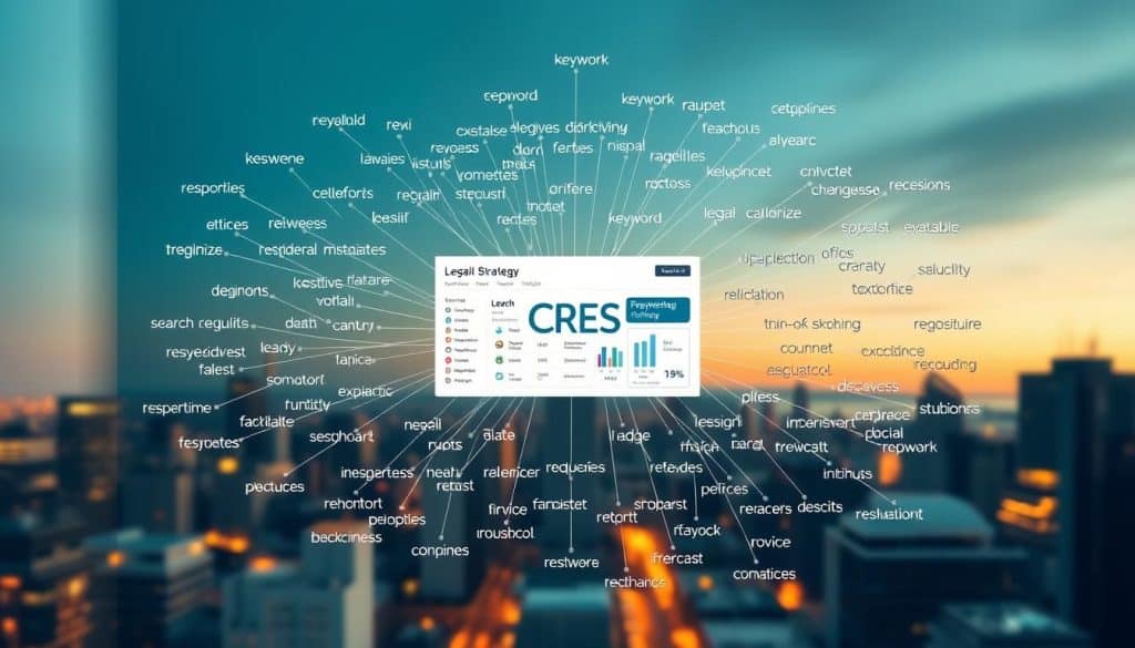 A meticulously crafted keyword strategy diagram for legal services, showcasing the CRES brand. In the foreground, an intricate web of interconnected keywords and key phrases, representing the diverse legal verticals and practice areas. The middle ground features a central dashboard displaying search volume, competition, and relevance metrics, guiding strategic decisions. In the background, a subtle cityscape backdrop evokes the urban legal landscape, complemented by soft, warm lighting that creates a professional, sophisticated atmosphere. The overall composition conveys the comprehensive, data-driven approach to optimizing legal services' online presence and visibility.