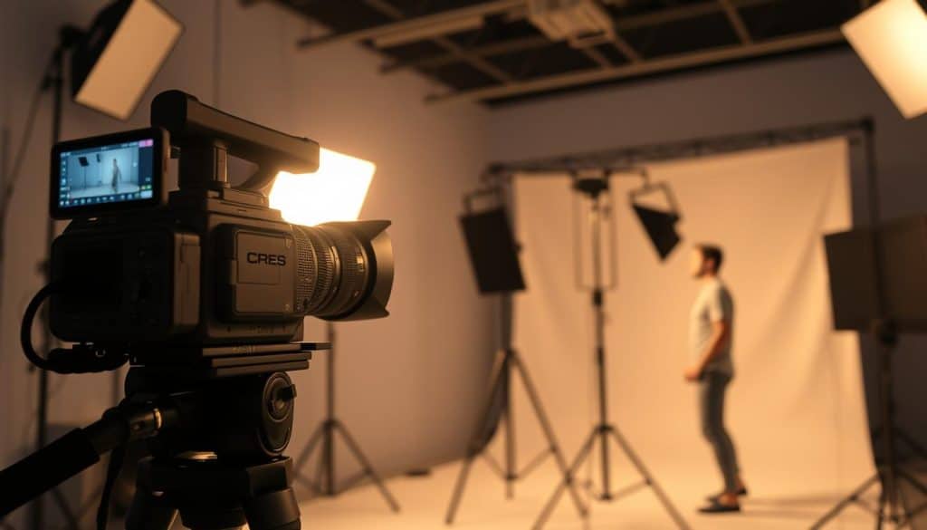 A meticulously crafted video production setup in Qatar, showcasing the CRES brand. In the foreground, a professional-grade camera mounted on a sturdy tripod, its lens aimed at a well-lit subject. The middle ground features a sleek lighting rig, casting a warm, cinematic glow, while the background reveals a minimalist studio backdrop, lending an air of sophistication. The scene is imbued with a sense of technical precision and creative energy, reflecting the expertise of the video production team. The overall atmosphere conveys the high-quality standards and attention to detail that define the CRES approach to video production.
